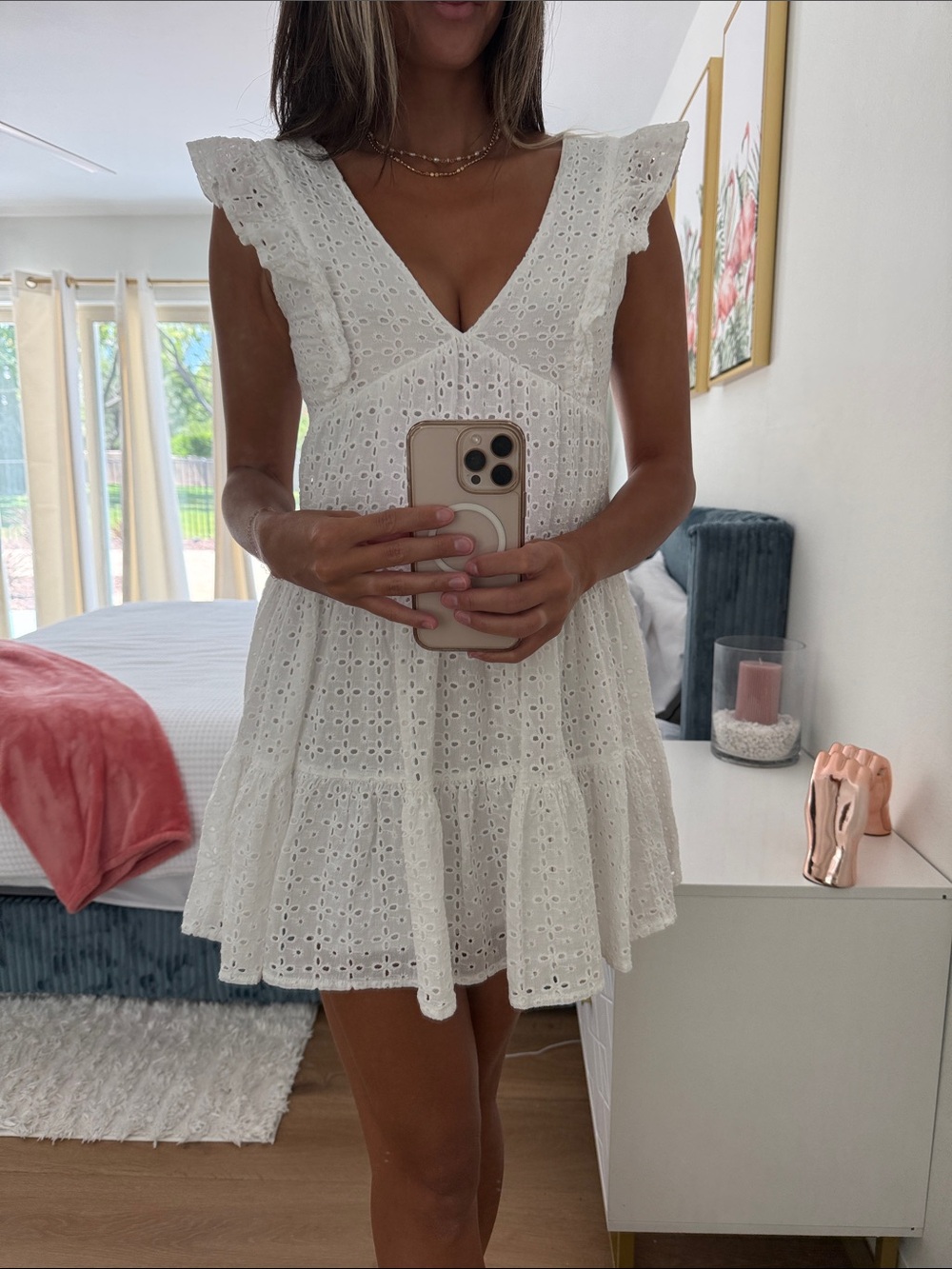 Aqua White Eyelet V-Neck Ruffled Tiered Mini Dress